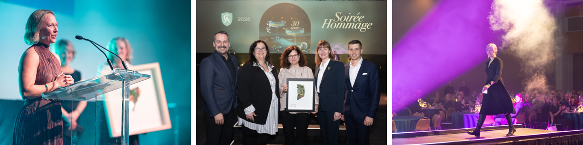 Lauréats sur la scène, faisant une allocution et tenant leur cadre honorifique, lors de la soirée hommage aux ambassadeurs 2026.